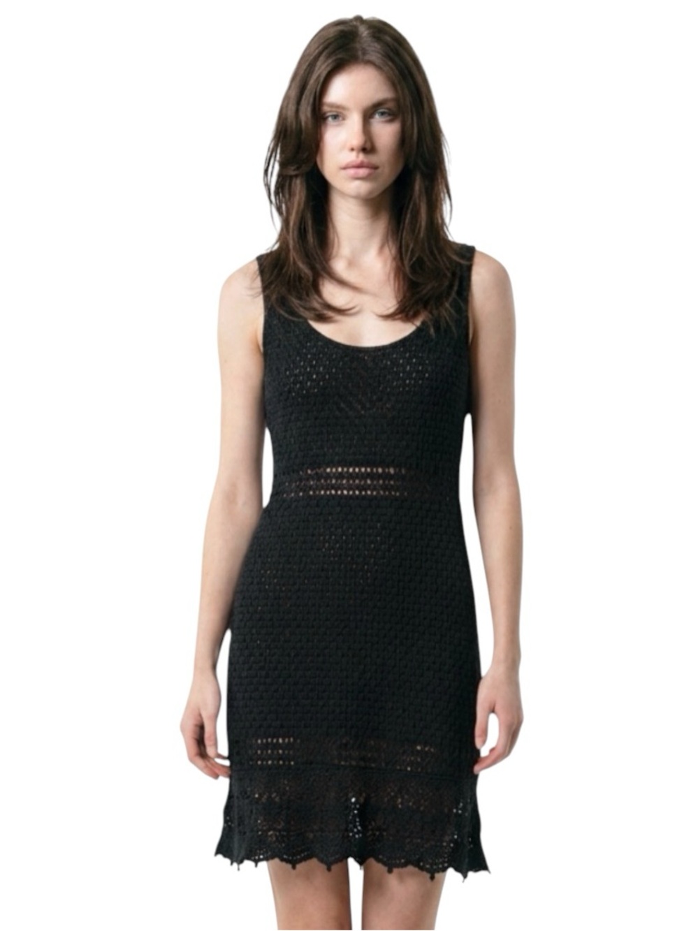 Textured Black Crochet Knit Sleeveless Dress with Nude Lining
